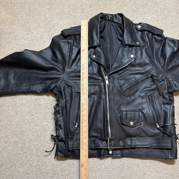 Leather Motorcycle Jacket Mens 44 Black Belted Side Lace Biker Zip Pockets - Picture 7 of 16